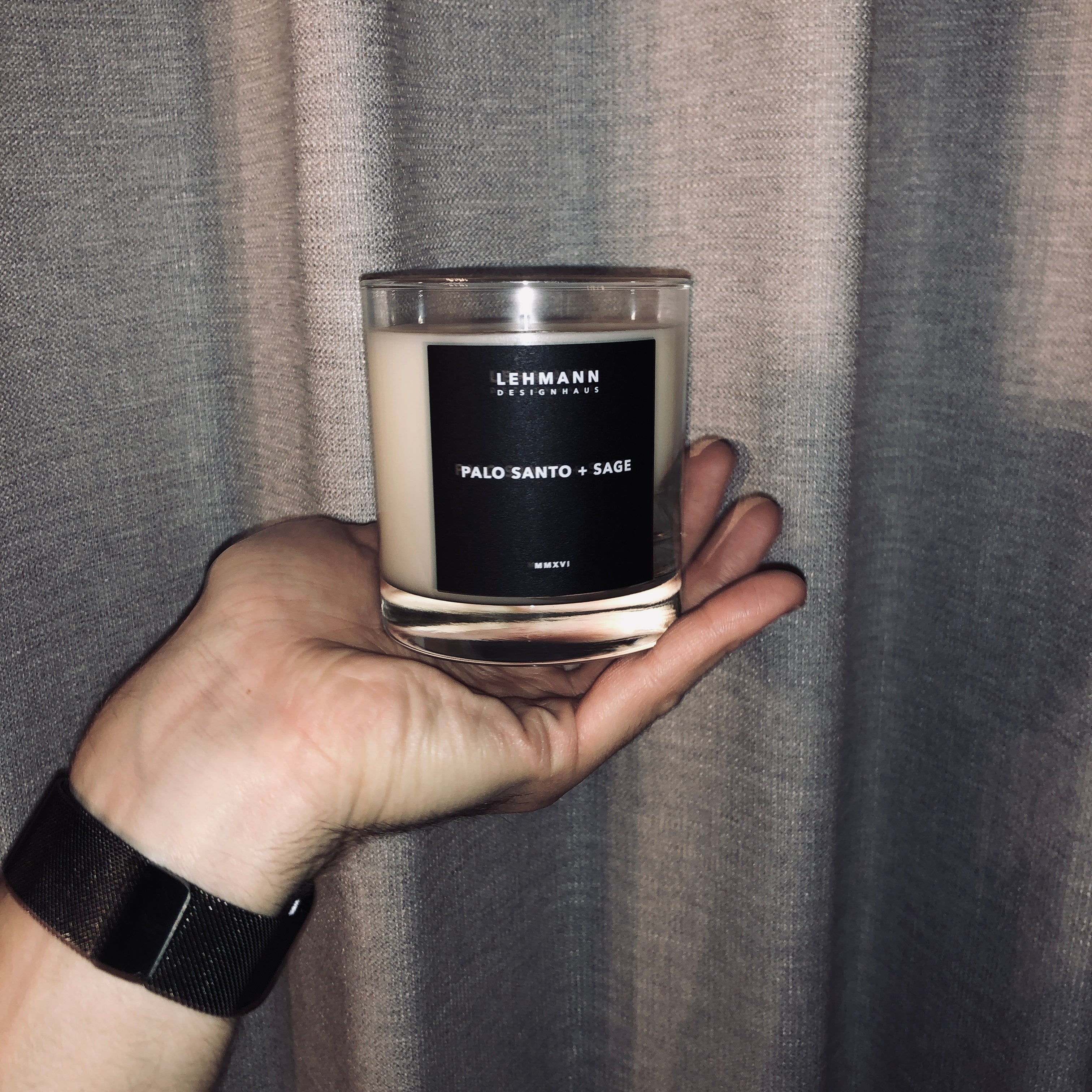 Palo Santo + Sage Classic Candle in palm of hand