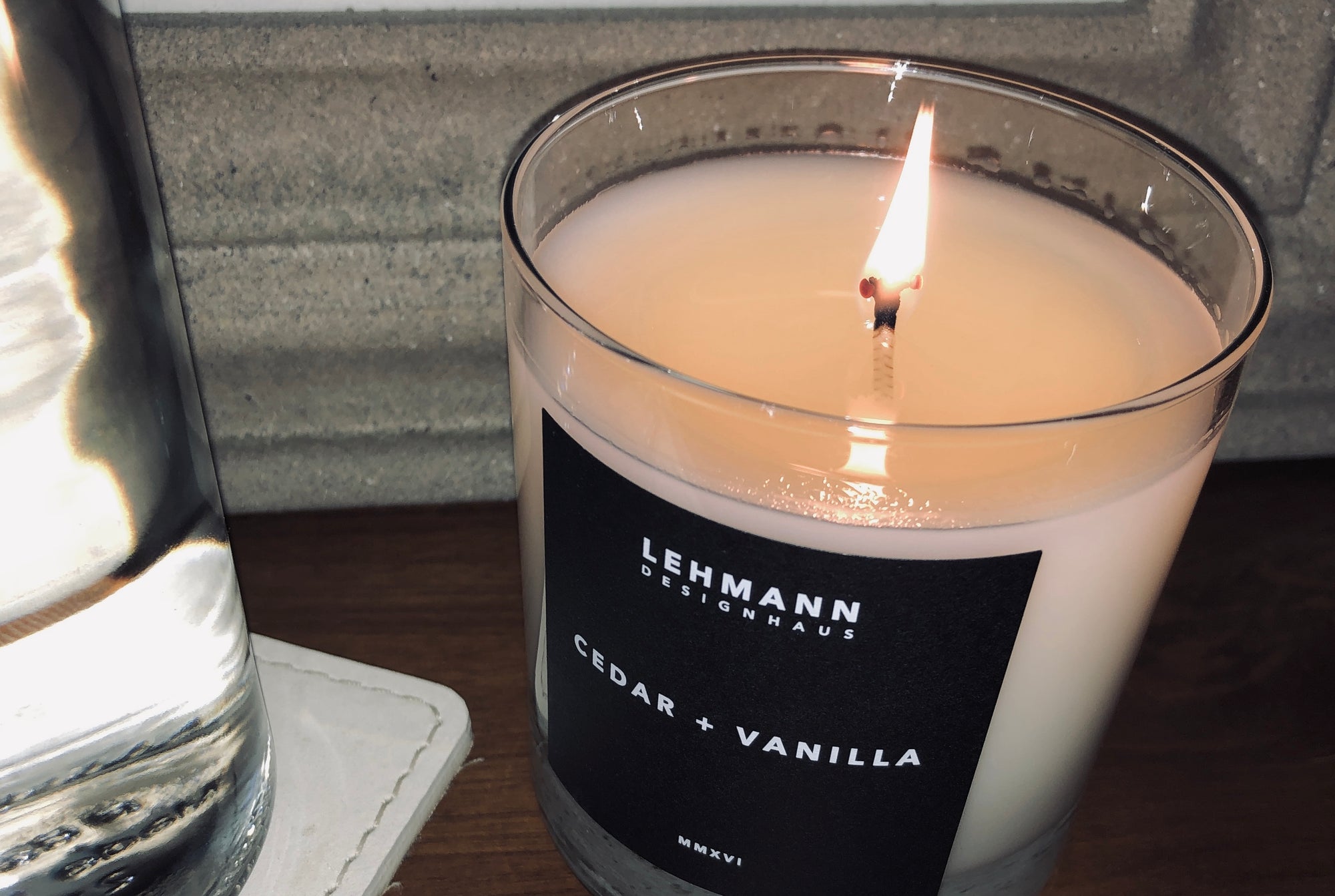 Cedar + Vanilla Classic Candle burning